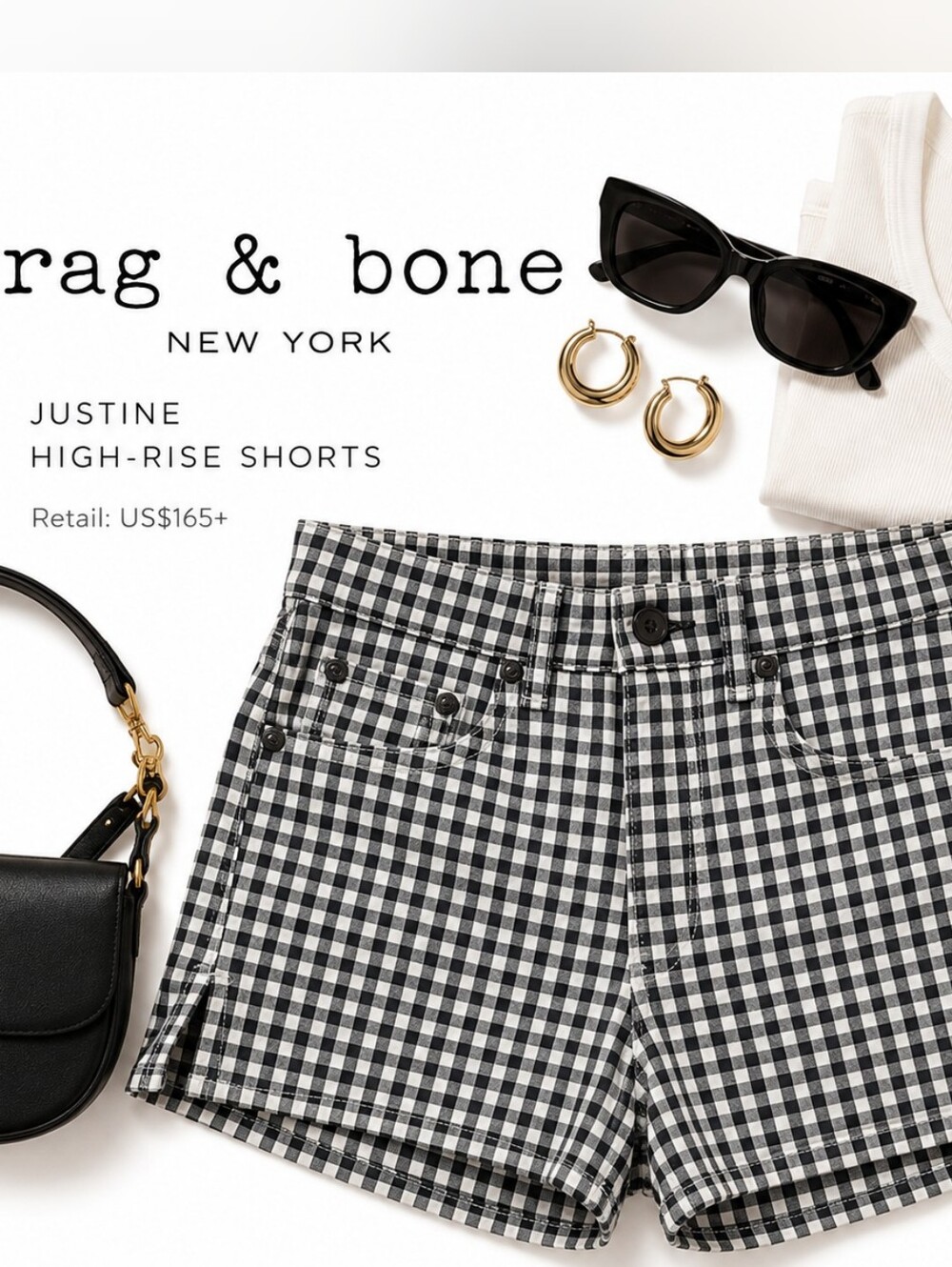 rag & bone Justine High-Rise Shorts Gingham Jean Shorts Like New